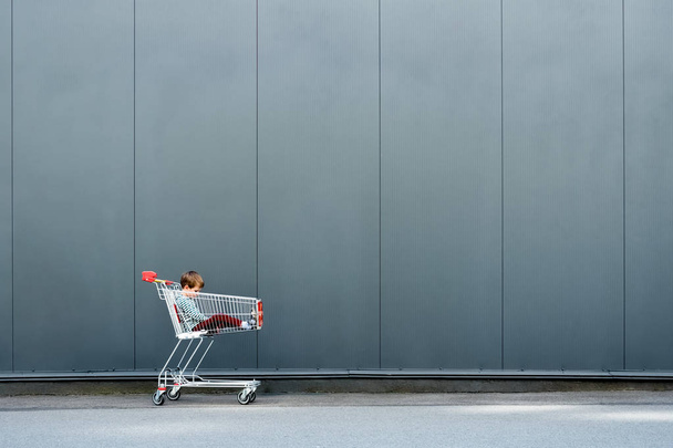 Niño sentado en el carrito de la compra en el supermercado. Padre empujando al bebé en la tienda de comestibles. Bebé en el carrito de la compra. Niños y compras. Familia, infancia, espera y concepto de personas
 - Foto, Imagen