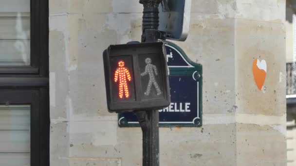 Paris, Franciaország-május 2019: Red (zöld) jelzőlámpa a gyalogos. A közlekedési lámpa az embereknek. - Felvétel, videó