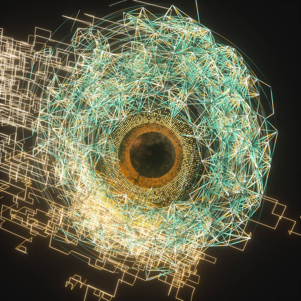 Abstracte mechanische Eyeball met high-tech lijn, 3D rendering. - Foto, afbeelding
