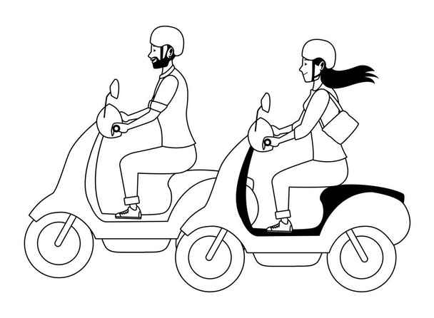 Mensen rijden scooters motorfietsen cartoon in zwart-wit - Vector, afbeelding