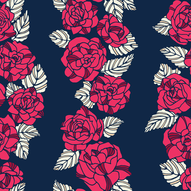 Floral rose seamless repeat pattern. You can enjoy this pink, navy, and white seamless pattern on packaging, wallpaper, backgrounds, or any way you like it! - Vector, Imagen