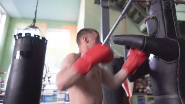 Muskularny zawodowy bokser walczy z bokserem, stałym strzałem. Niski widok - Materiał filmowy, wideo