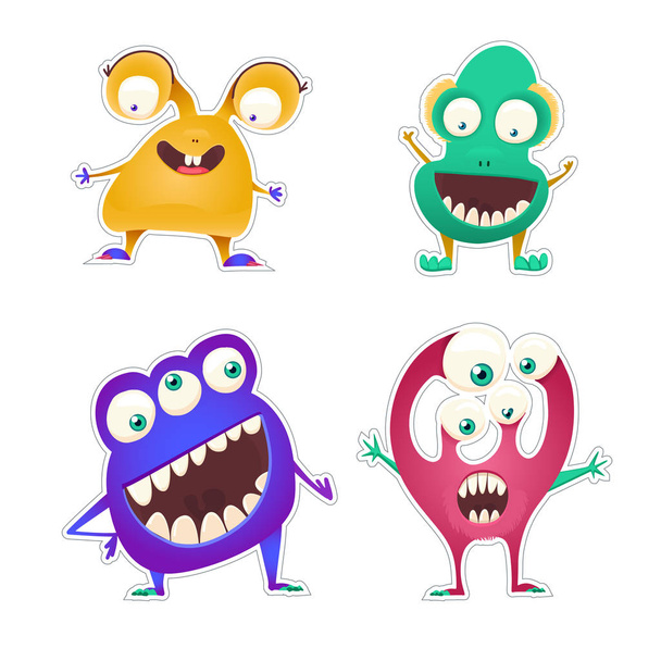 Conjunto de quatro adesivos coloridos com monstros bonitos. Desenhos animados ilustração. Vetor
. - Vetor, Imagem
