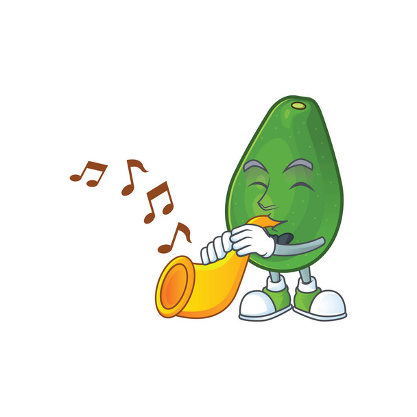 With trumpet ripe avocado fruit on cartoon character - Вектор,изображение