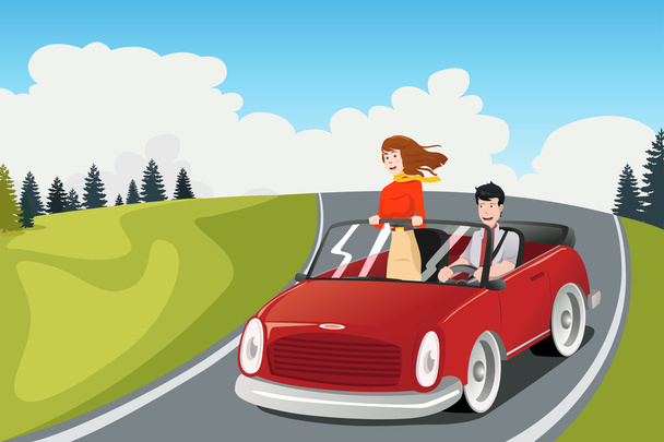 Couple riding a car going on a road trip - Vector, Image