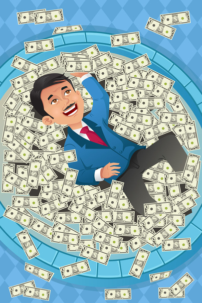 Concepto financiero de un hombre de negocios feliz en un charco de dinero
 - Vector, imagen