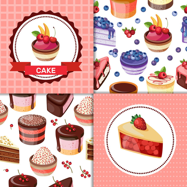 Card collection pastries and cake. Posters of bakery sweet shop or coffee house. Vector. - Вектор, зображення