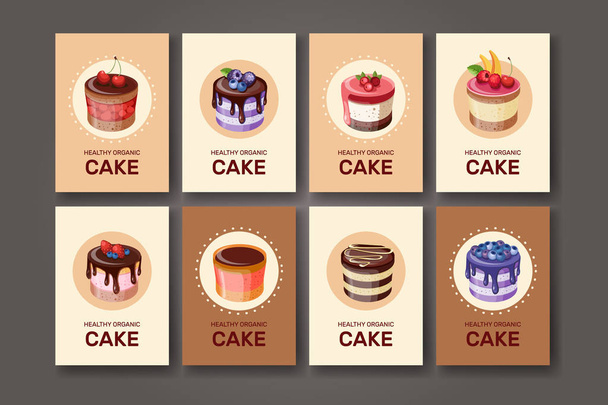 Templates with different kinds of dessert: cake, pie. For your design, announcements, postcards, posters, restaurant menu. Template with different desserts with fruits. Vector. - Вектор,изображение