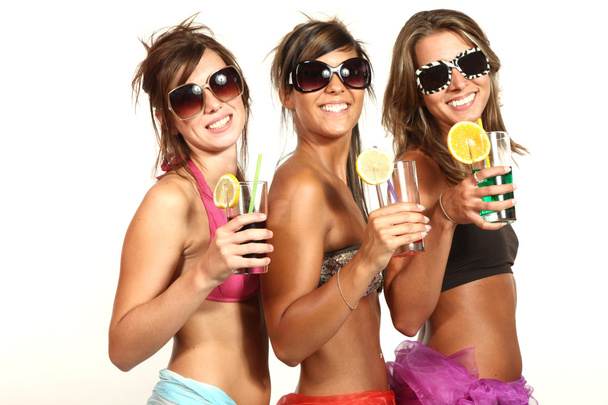 Three girls have fun at the party, studio portrait - Foto, Imagem