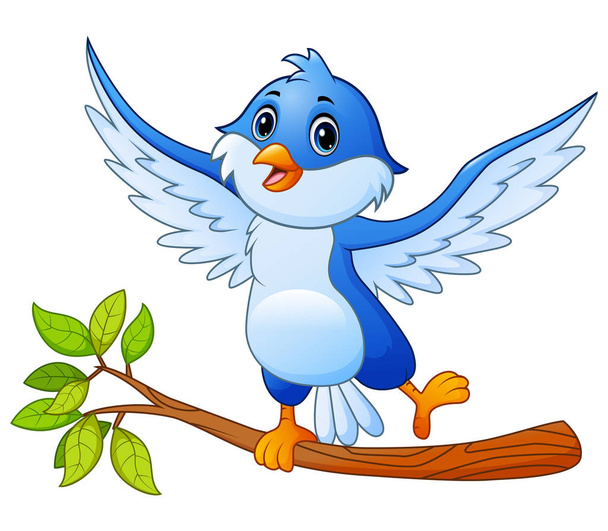 Cartoon niebieski ptak stojący na gałęzi drzewa i stwarzające - Wektor, obraz