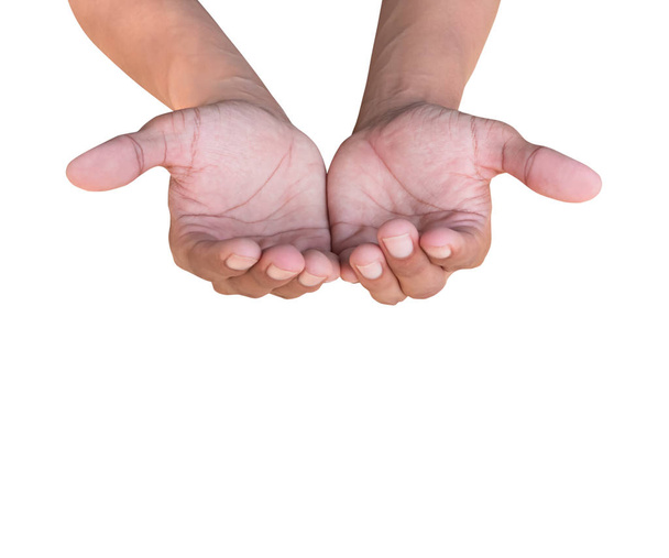 dos manos sosteniendo algo. palma abierta masculina nada extendido sobre fondo blanco
 - Foto, imagen