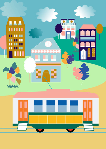 голубые, розовые и золотые дома в красочной городской иллюстрации
 - Вектор,изображение
