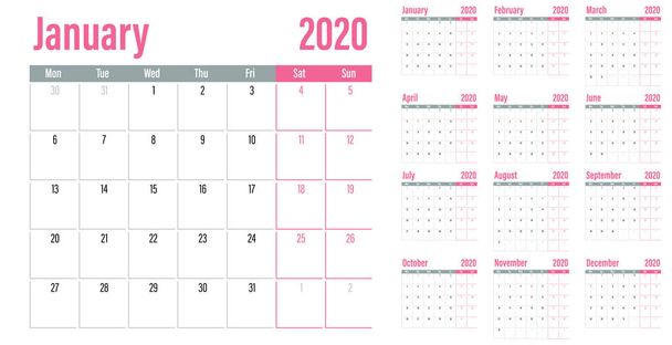 Kalenteri suunnittelija 2020 malli vektori kuva kaikki 12 kuukautta viikossa alkaa maanantaina ja ilmoittaa viikonloppuisin lauantaina ja sunnuntaina
 - Vektori, kuva