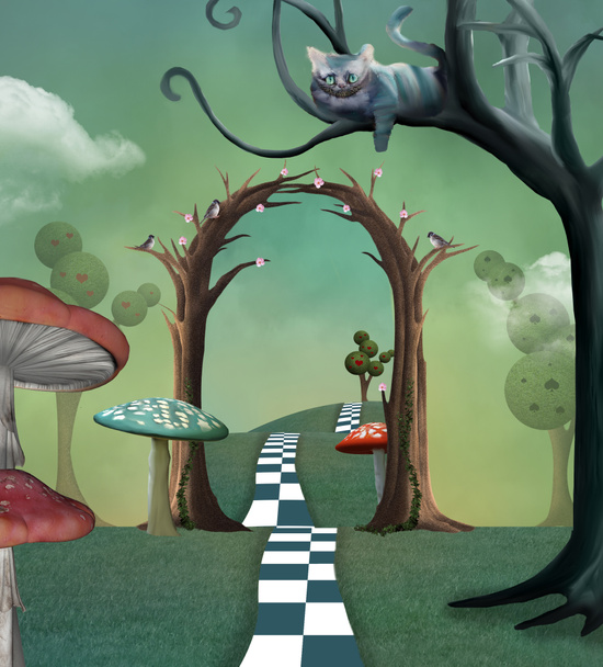 Paisaje surrealista del país de las maravillas con un sendero que lleva a un pasaje mágico y un gato de cheshire mirando la escena en una rama de árbol
 - Foto, Imagen