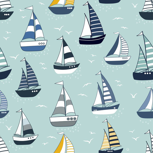 Marine seamless pattern with cartoon boats and silhouettes of birds - Вектор,изображение