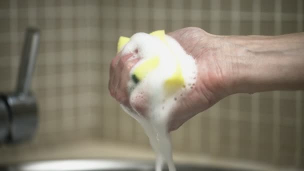 Woman hand in the kitchen squeeze sponge in foam - Footage, Video