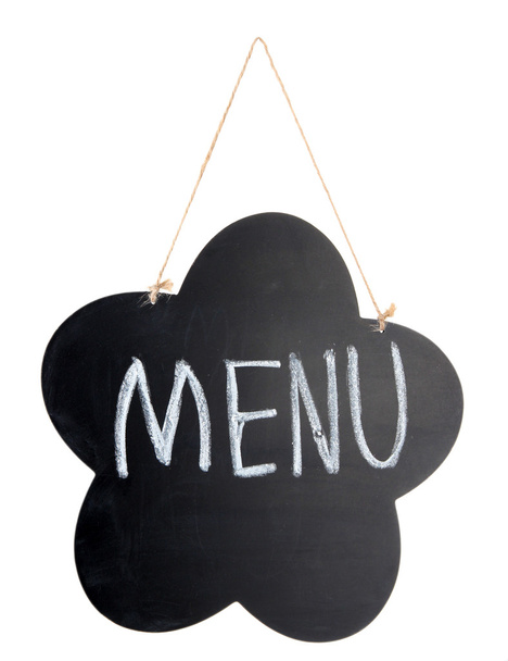 Chalkboard with sign isolated on white - Foto, Imagen