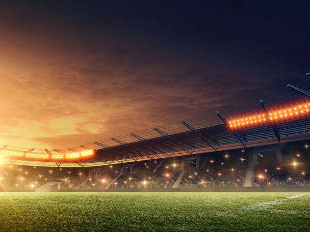トリビューンと劇的な夜空とサッカースタジアム。スポーツ洪水アリーナ - 写真・画像