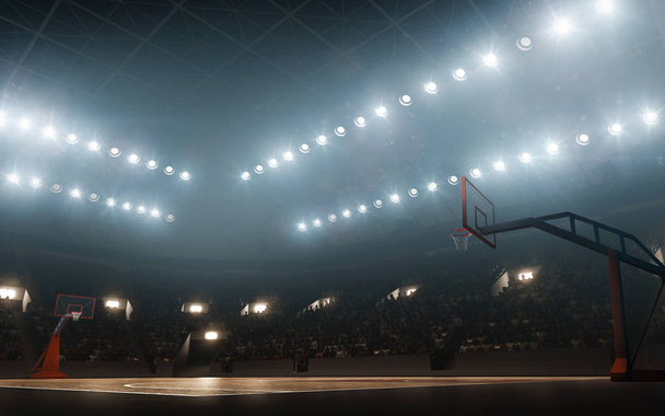 Cancha de baloncesto vacía iluminada con aro
 - Foto, imagen