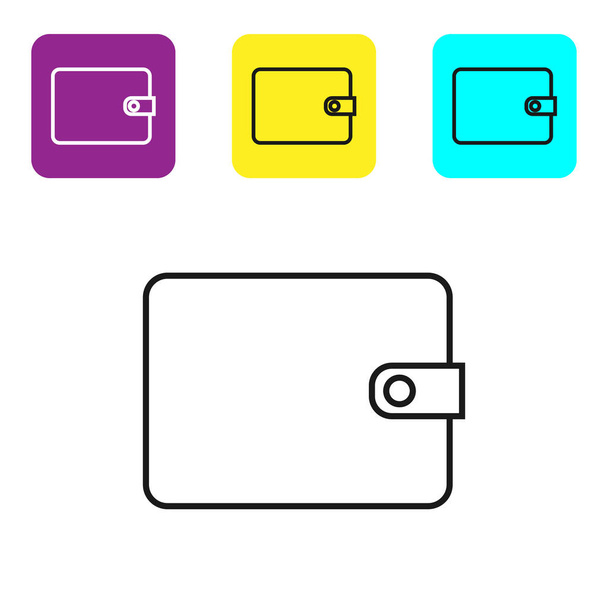 Černá linka ikona úschovny je izolovaná na bílém pozadí. Ikona kabelky. Symbol úspory hotovosti Nastavení ikon barevných čtvercových tlačítek. Vektorová ilustrace - Vektor, obrázek