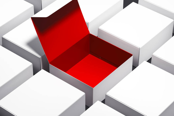 Blank white realistic cardboard boxes and one box is opened and red inside. 3d rendering. - Photo, image