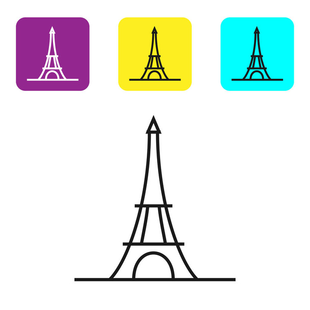 Icono de torre Eiffel de línea negra aislado sobre fondo blanco. Francia París símbolo emblemático. Establecer iconos coloridos botones cuadrados. Ilustración vectorial
 - Vector, imagen