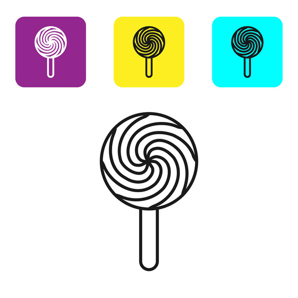 Černá linie ikona Lollipop je izolovaná na bílém pozadí. Jídlo, výborný symbol. Nastavení ikon barevných čtvercových tlačítek. Vektorová ilustrace - Vektor, obrázek
