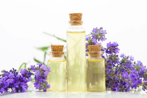 ätherisches Lavendelöl in schöner Flasche auf weißem Hintergrund - Foto, Bild