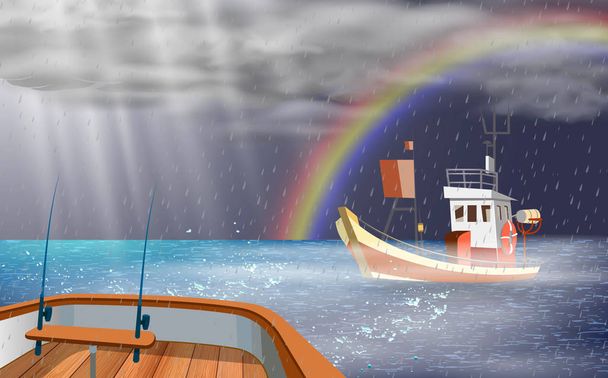 The ship in the middle of a storm in the sea. - Vector, Image