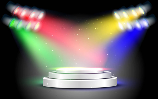 ezüst Pódium színes Reflektorfényben a színpadon - Vektor, kép
