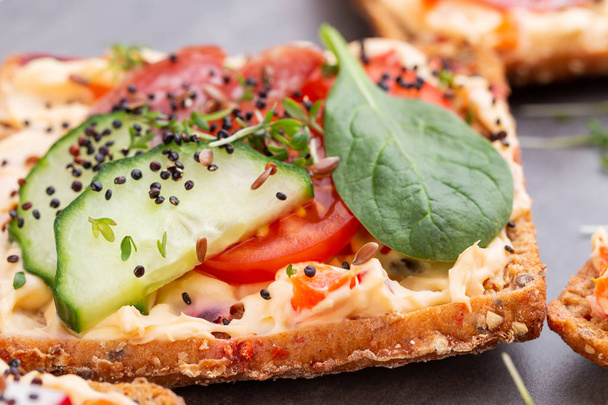 Sandwiches with cream cheese, vegetables and salami.  - Valokuva, kuva