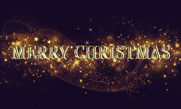 Golden black Christmas or New Year background with glitter, snowflakes, stars, bokeh gold lights, festive dark style background with inscriptions, raster illustration - Photo, image