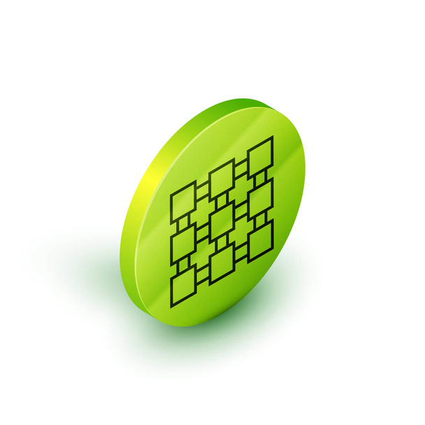 アイソメトリックラインブロックチェーン技術アイコンは、白い背景に分離されています。暗号通貨データ。抽象的な幾何学的ブロックチェーンネットワーク技術事業。緑色の円ボタン。ベクトルイラストレーション - ベクター画像
