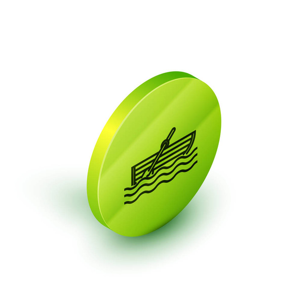 isometrische Leine Fischerboot mit Rudern auf dem Wasser Symbol isoliert auf weißem Hintergrund. grüner Kreis-Knopf. Vektorillustration - Vektor, Bild