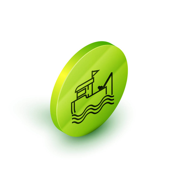 Línea isométrica Barco de pesca con caña de pescar en el icono del agua aislado sobre fondo blanco. Botón círculo verde. Ilustración vectorial
 - Vector, imagen