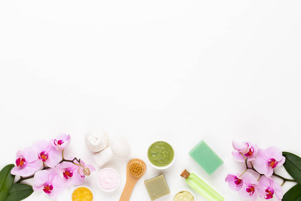 Spa still life with aromatherapy, herbal oil, soap, sea salt. - Foto, imagen