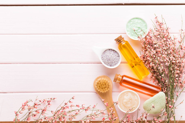Beauty and aromatherapy concept with spa set on pastel rustic wo - Фото, зображення