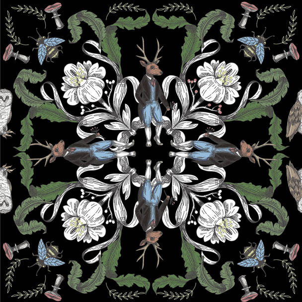 Fairytale graphic seamless pattern with forest animals and flowers. - Vetor, Imagem