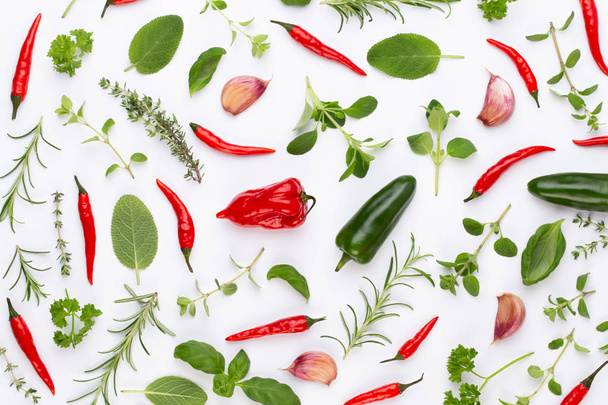 Spice herbal leaves and chili pepper on white background. Vegeta - Foto, Imagen