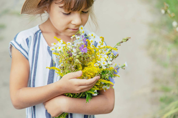 girl holding wildflowers in the hands of a child. Selective focus. - Photo, Image