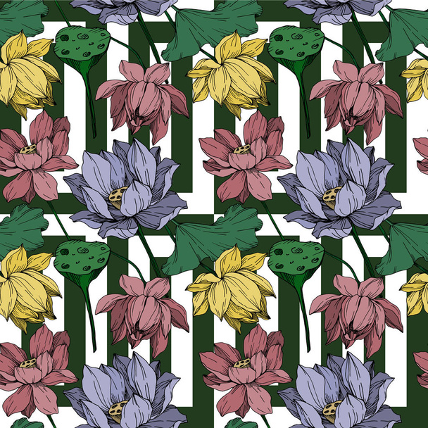 Vector Lotus floral botanical flowers. Black and white engraved ink art. Seamless background pattern. - Vector, imagen
