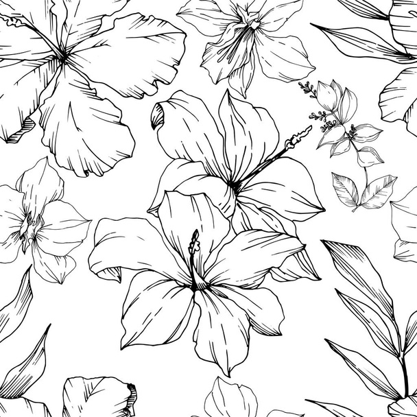 ベクトル熱帯の花と葉が孤立しています。黒と白の彫刻インクアート。シームレスな背景パターン. - ベクター画像