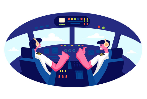 ヘッドセットやヘッドフォンを着用し、空港の飛行機のキャビンの椅子に座って制服を着て笑顔のパイロット。コックピットドライビング航空機の飛行士男性キャラクター。漫画フラットベクトルイラスト - ベクター画像