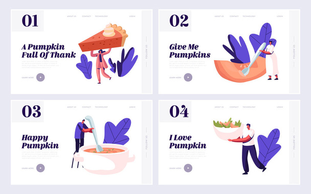 カボチャホームフードメニューウェブサイトランディングページセット。小さな男性と女性のキャラクターが調理し、伝統的な感謝祭の日のパイを食べる、お粥とスープのウェブページバナー漫画フラットベクトルイラスト - ベクター画像