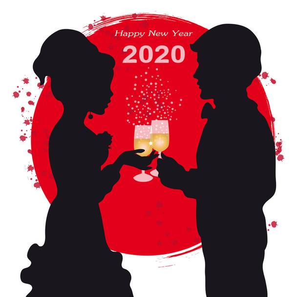 Ilustración con siluetas negras sobre fondo rojo de pareja celebrando el nuevo año con copas de vino espumoso
 - Vector, imagen