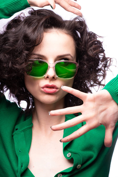 beautiful girl in green glasses and green sweater - Foto, immagini
