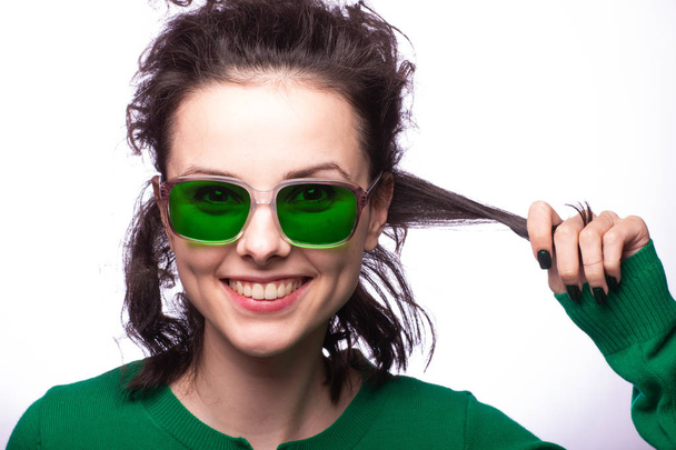 beautiful girl in green glasses and green sweater - Φωτογραφία, εικόνα