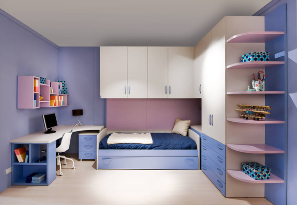 Stylish blue and purple teenagers bedroom interior - Фото, зображення