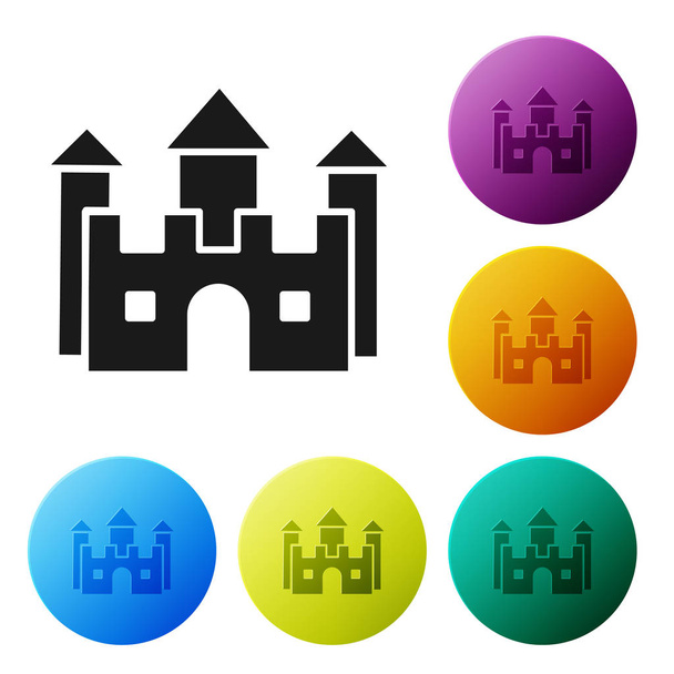 Czarna ikona zamku na białym tle. Ustawianie ikon kolorowych przycisków okręgu. Ilustracja wektorowa - Wektor, obraz