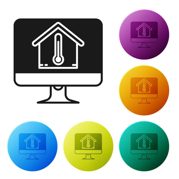 Black Computer monitor with house temperature icon isolated on white background. Thermometer icon. Set icons colorful circle buttons. Vector Illustration - Vector, Image